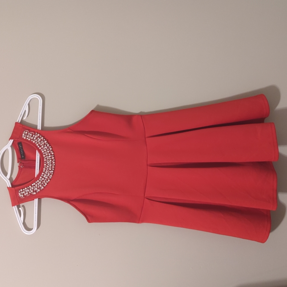Red party dress with beaded neckline